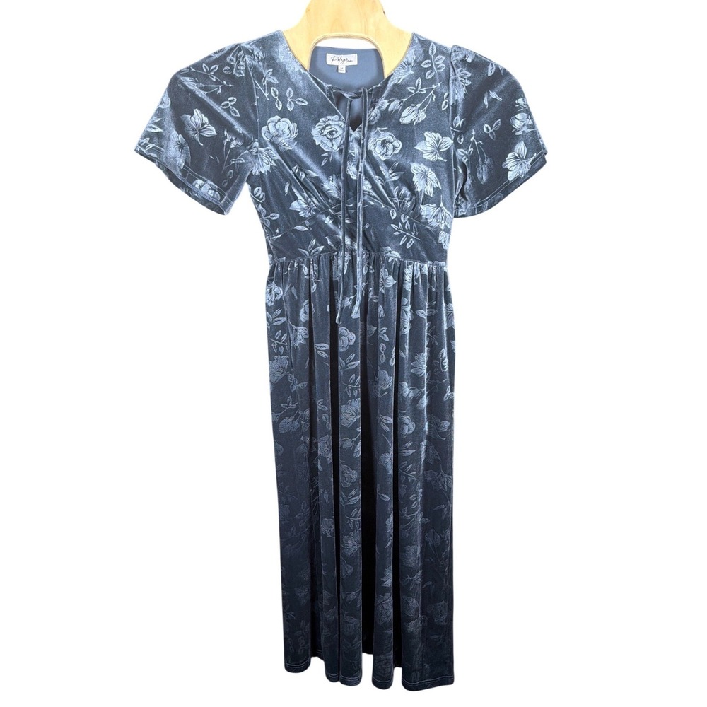 Polagram Womens Floral Burnout Velvet Maxi Dress Blue Gray V-Neck Tie PSD5335 M